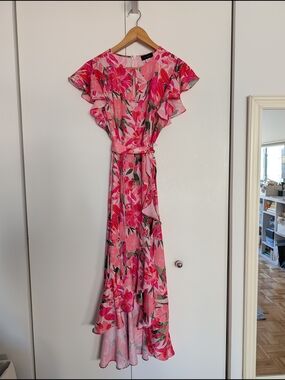 Ava & Aiden Pink Floral Ruffle-Tie Maxi Dress